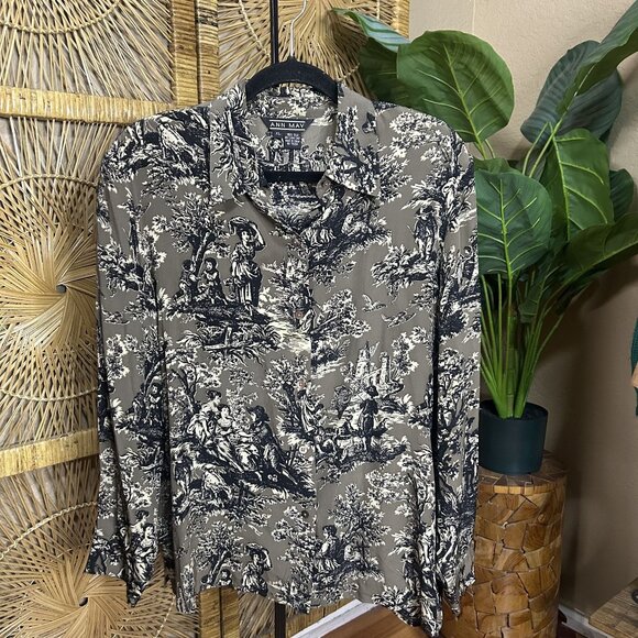 Ann May Vintage Button Down Collared Shirt Victorian Era Print Gray Size XL - Picture 1 of 8